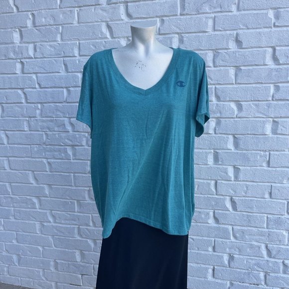 Champion Tops - Womens Champion 2X V-neck Short Sleeve Tshirt Activewear Turquoise Green